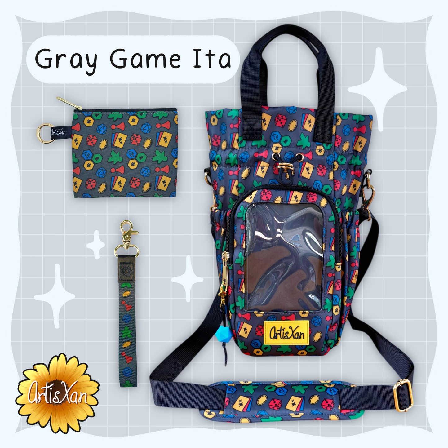 Large Gray Game Ita Water Bottle Bag with Fidget Zipper Pull