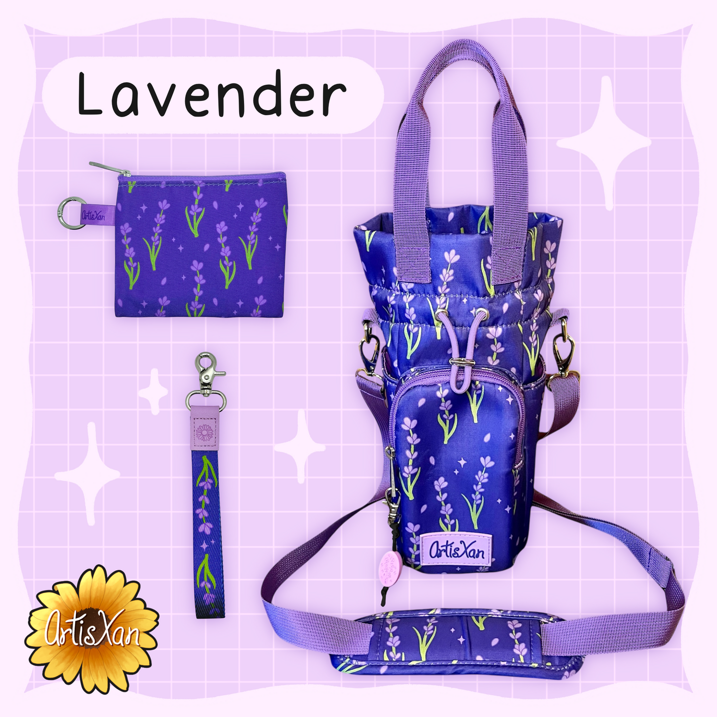 Lavender Water Bottle Bag with Fidget Zipper Pull
