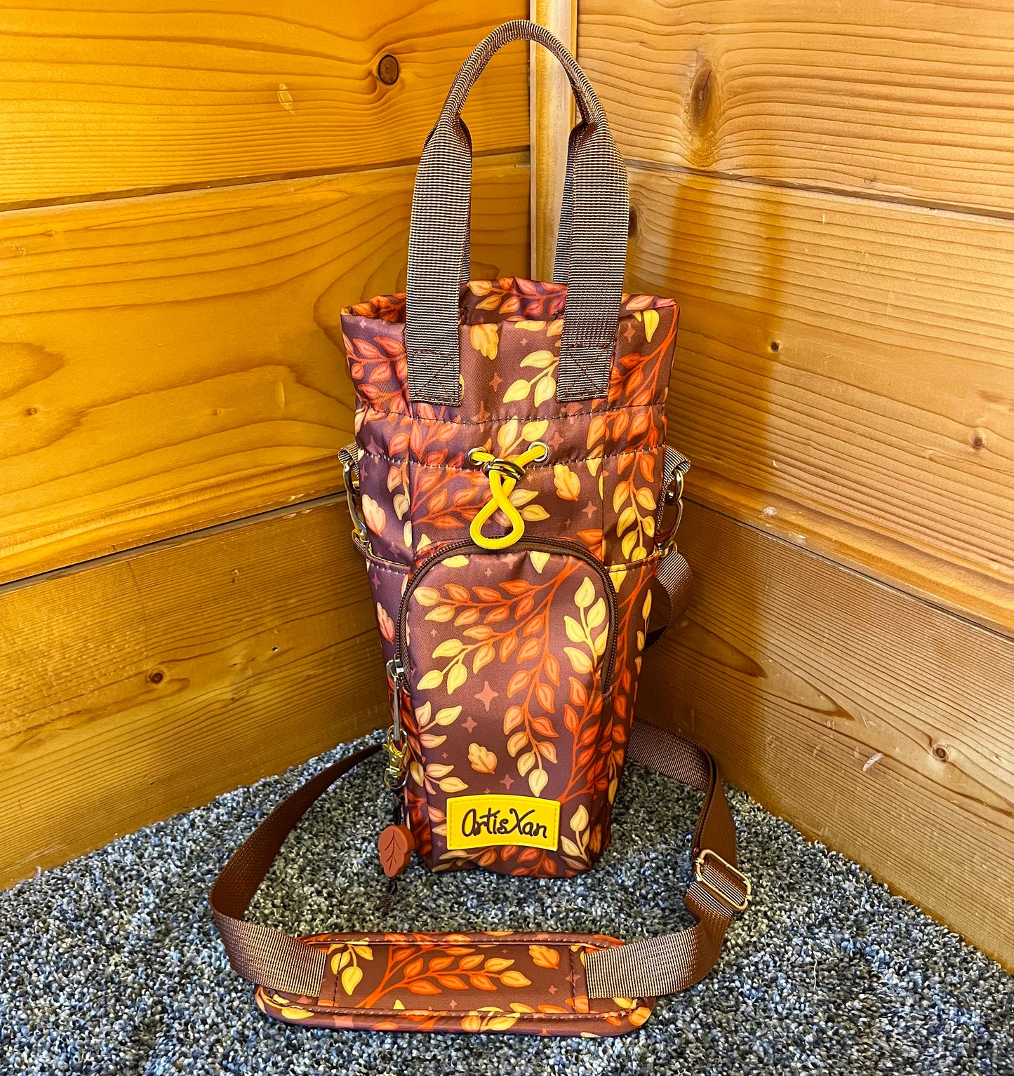 Autumn Leafy Water Bottle Bag with Fidget Zipper Pull