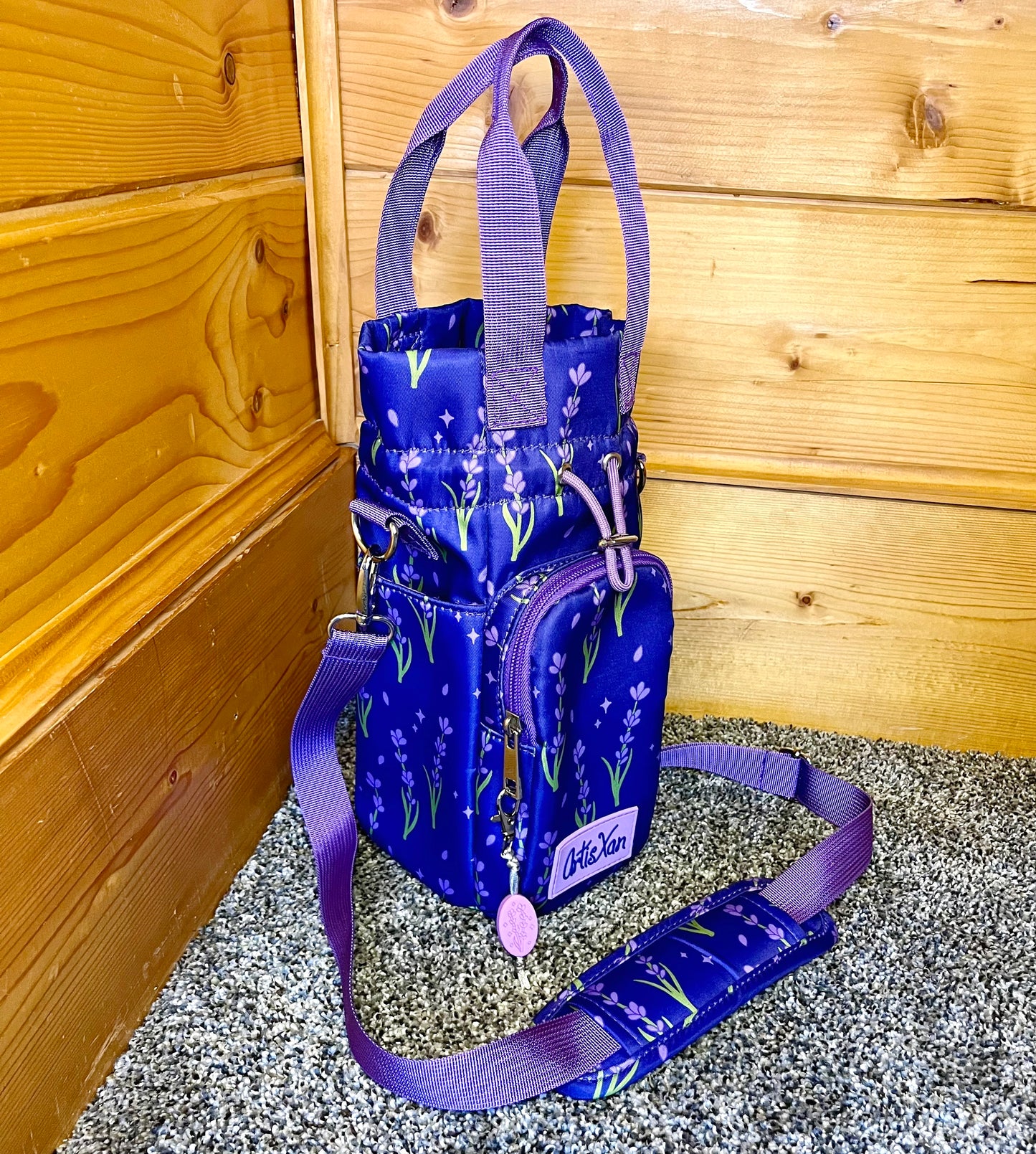 Lavender Water Bottle Bag with Fidget Zipper Pull