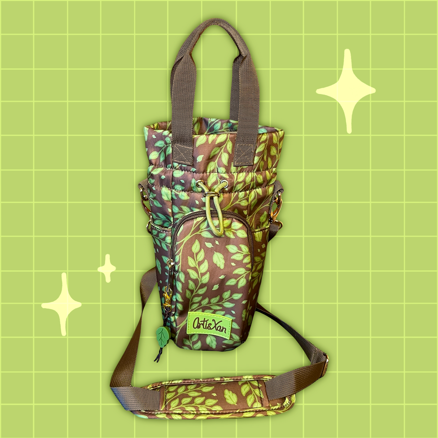 Green Leafy Water Bottle Bag with Fidget Zipper Pull