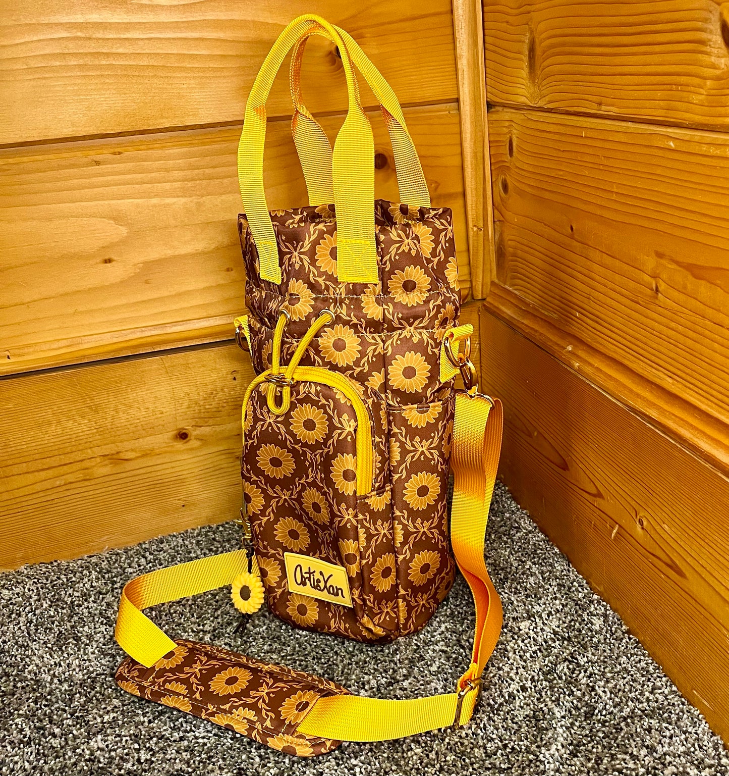 Sunflower Water Bottle Bag with Fidget Zipper Pull