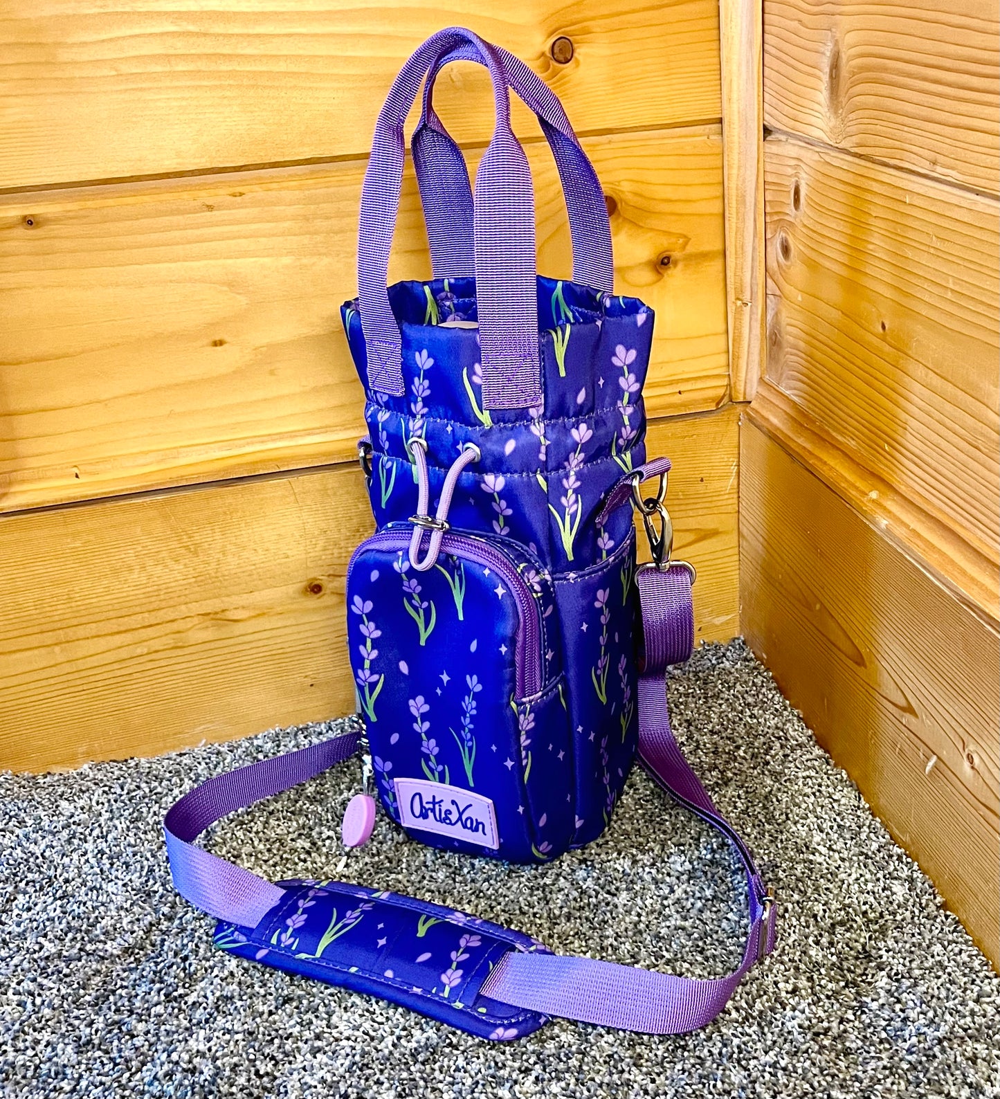 Lavender Water Bottle Bag with Fidget Zipper Pull