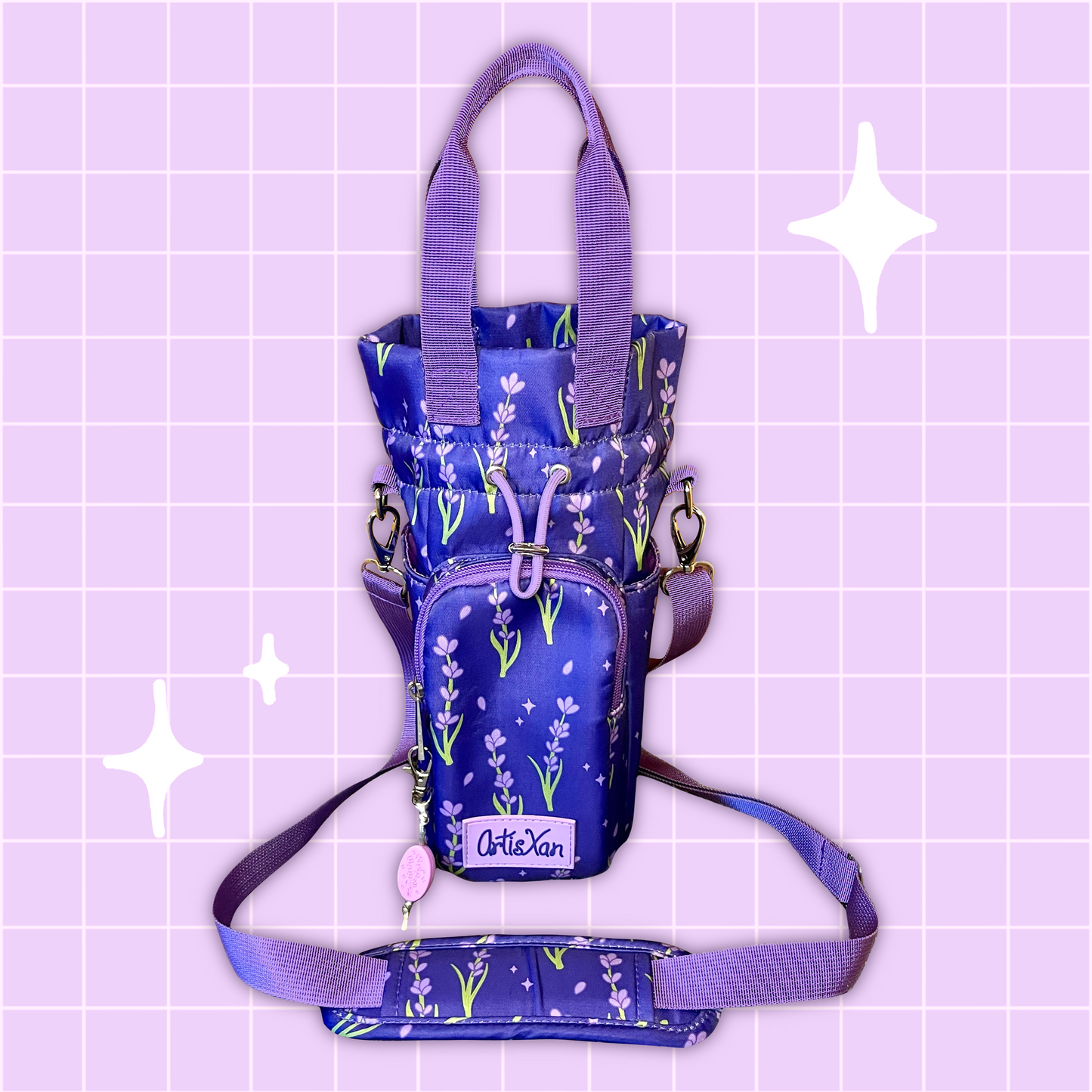 Lavender Water Bottle Bag with Fidget Zipper Pull
