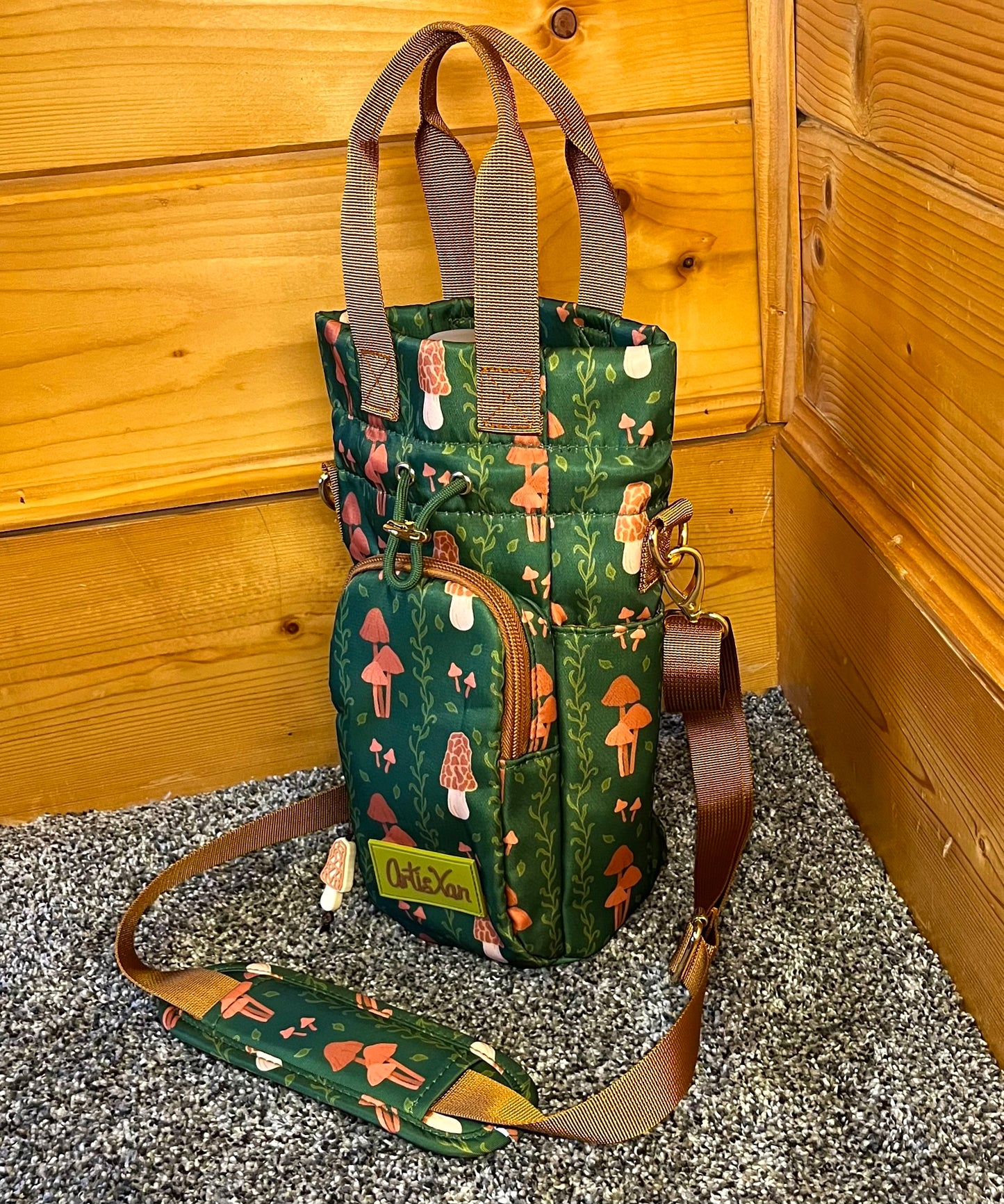 Mushroom Water Bottle Bag with Fidget Zipper Pull