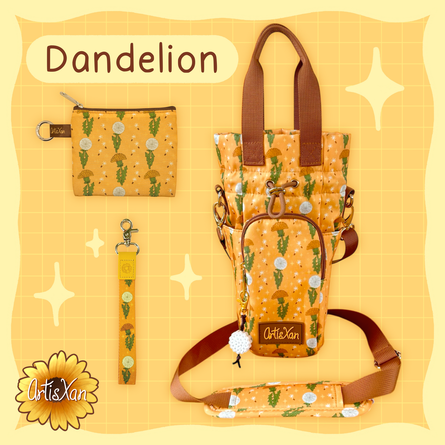 Matching Sets of Water Bottle Bags, Essentials Bags, and Lanyards