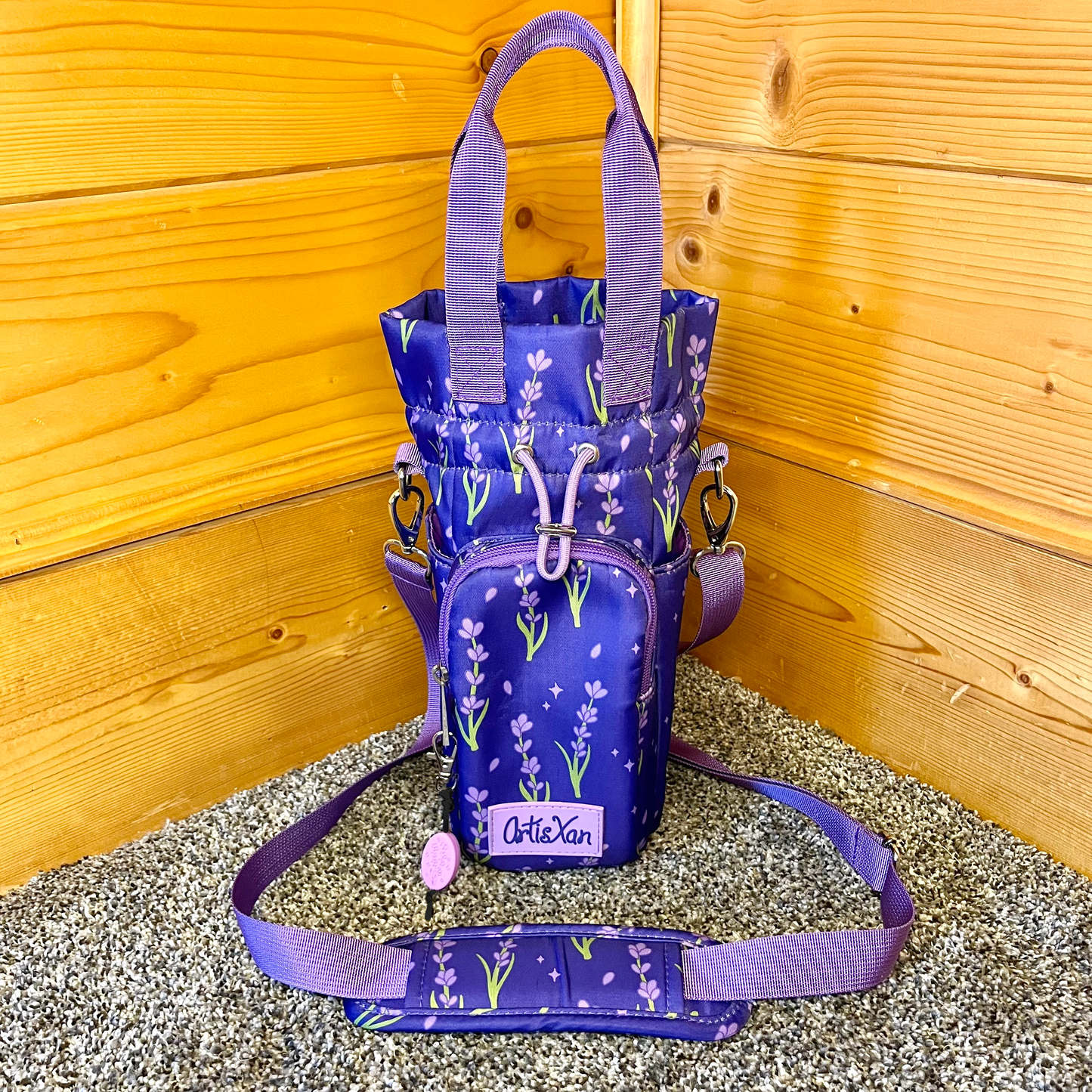 Lavender Water Bottle Bag with Fidget Zipper Pull