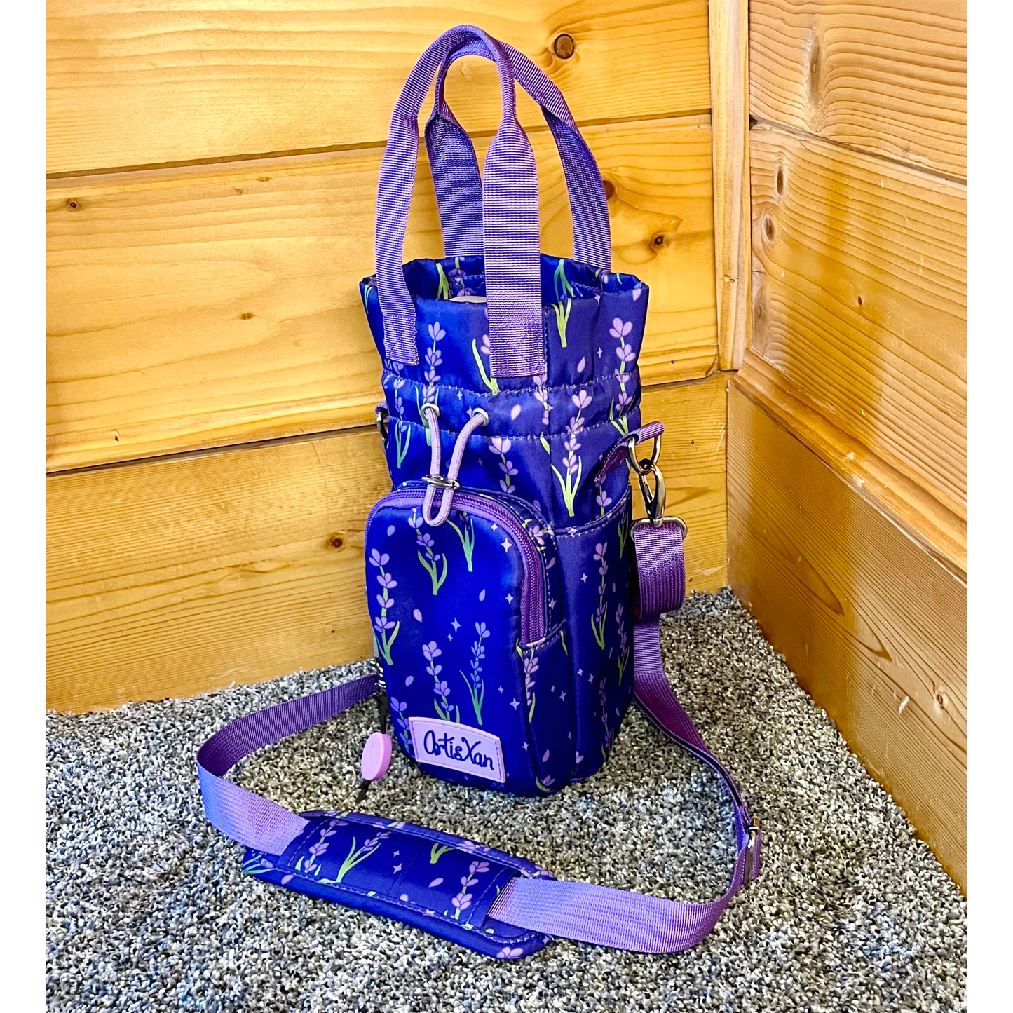 Lavender Water Bottle Bag with Fidget Zipper Pull