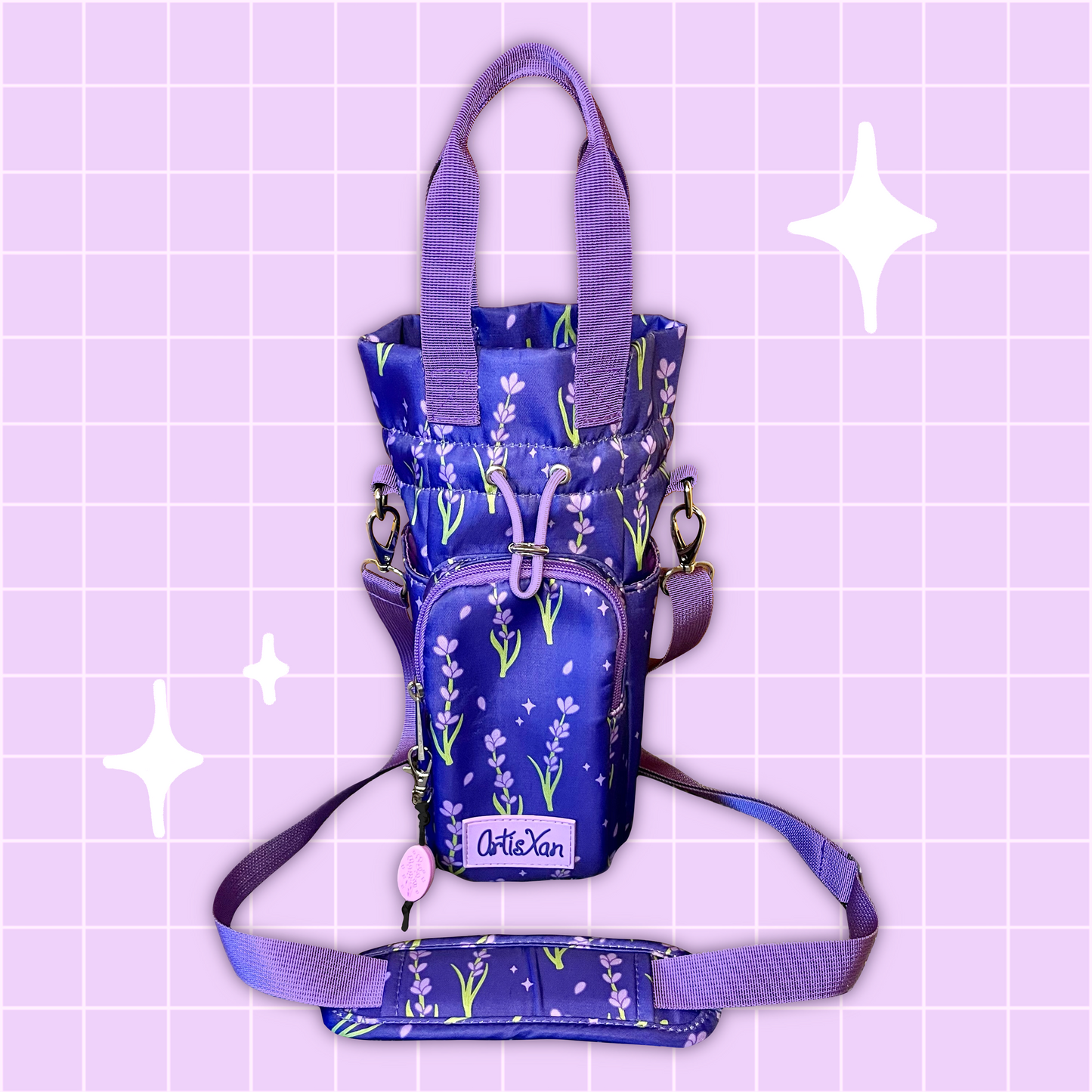 Lavender Water Bottle Bag with Fidget Zipper Pull