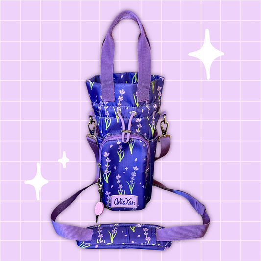 Lavender Water Bottle Bag with Fidget Zipper Pull