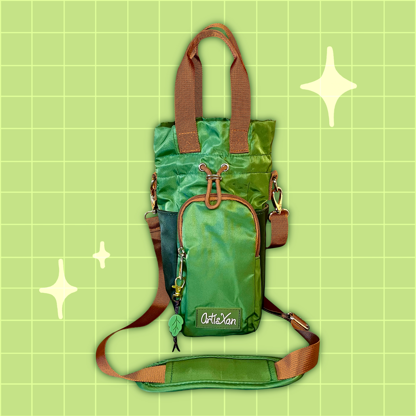 Green Water Bottle Bag with Fidget Zipper Pull