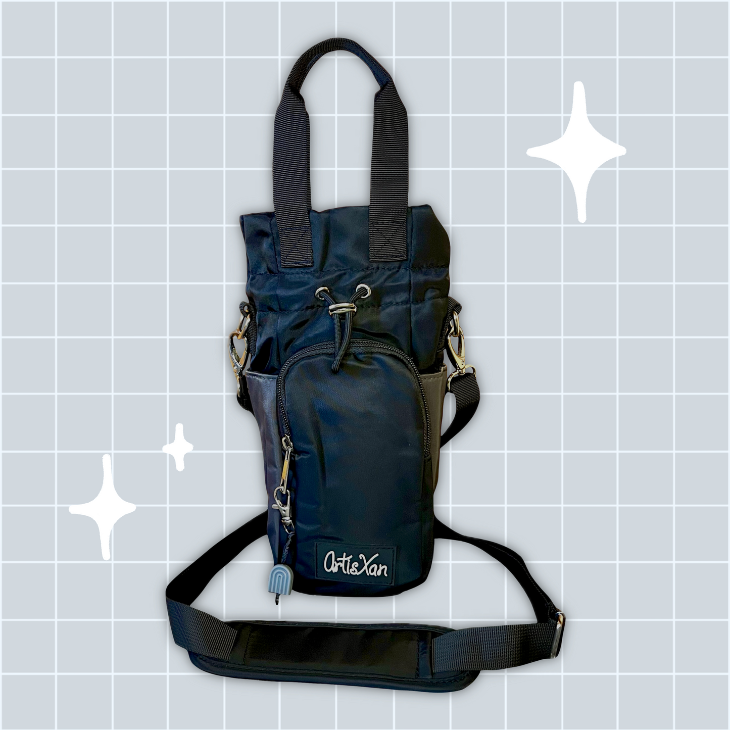 Black Water Bottle Bag with Fidget Zipper Pull