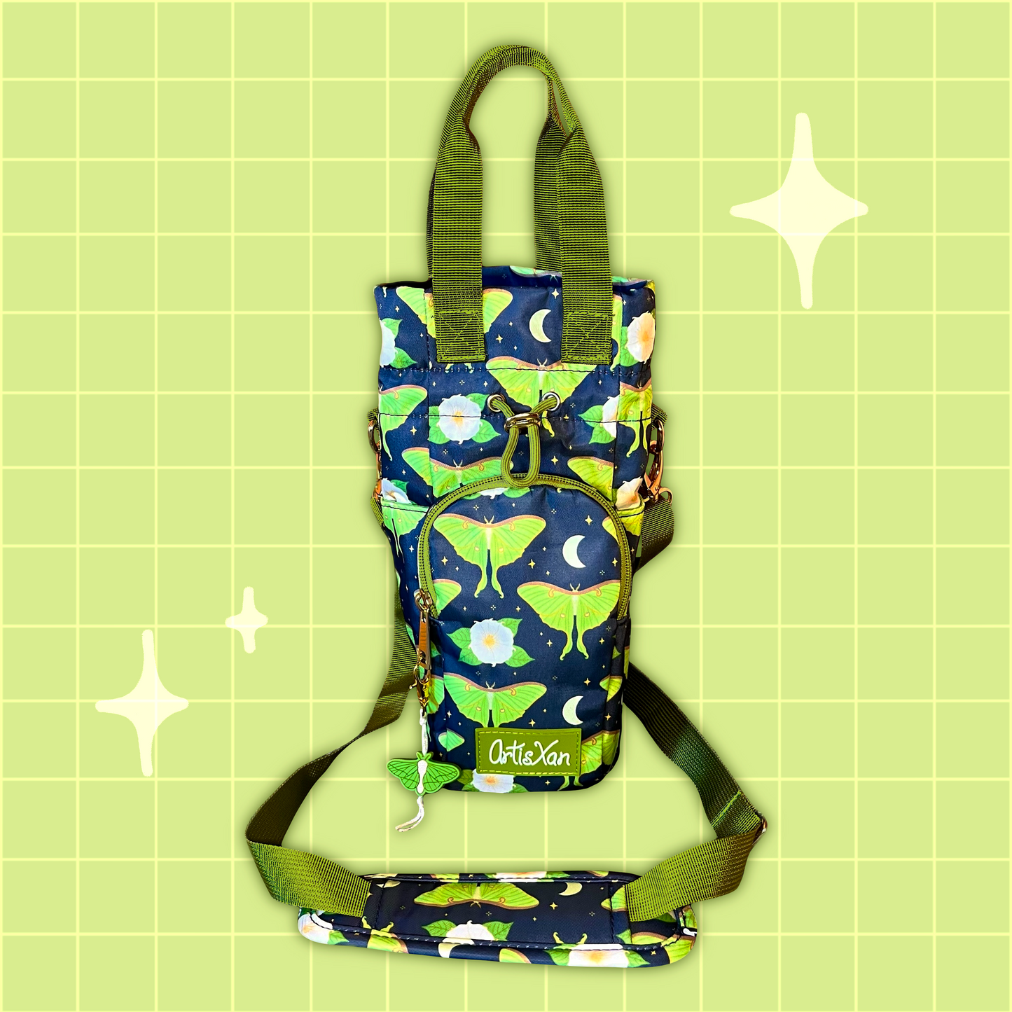 Luna Moth Water Bottle Bag with Fidget Zipper Pull