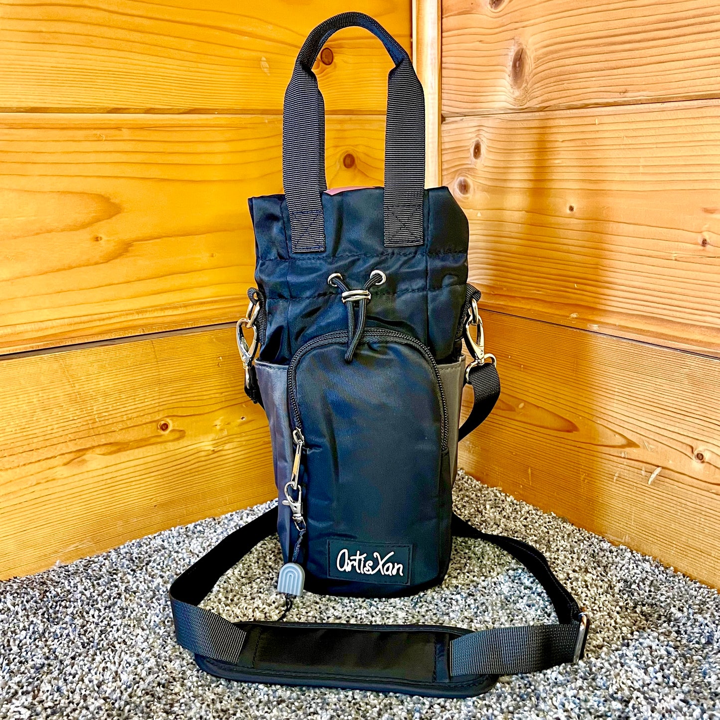 Black Water Bottle Bag with Fidget Zipper Pull