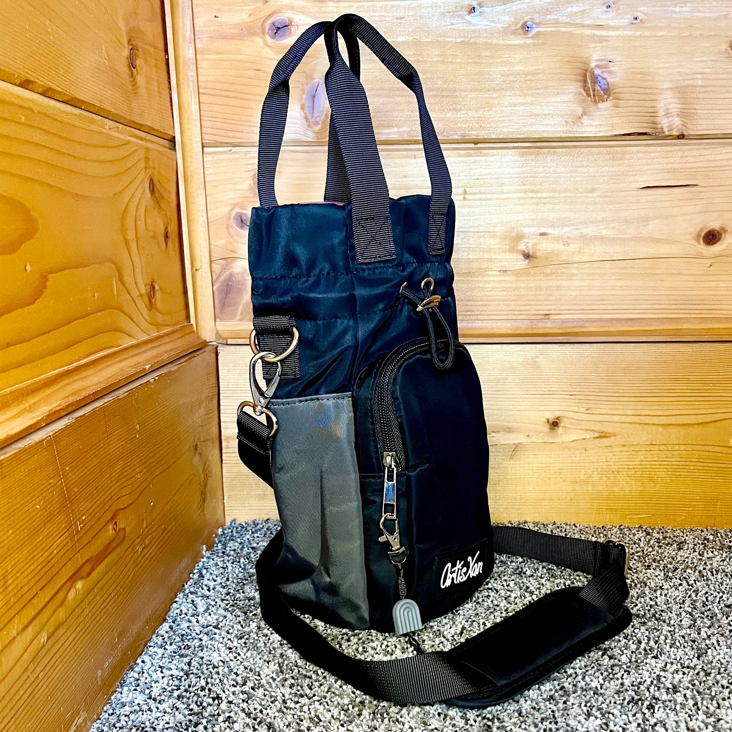 Black Water Bottle Bag with Fidget Zipper Pull