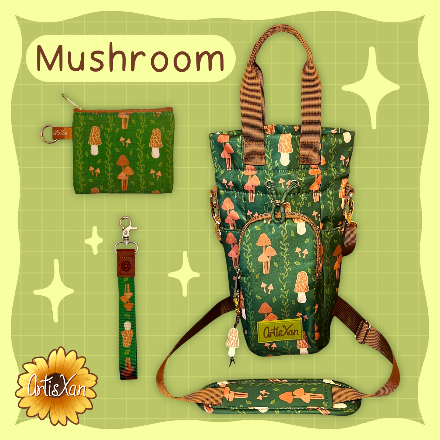 Matching Sets of Water Bottle Bags, Essentials Bags, and Lanyards