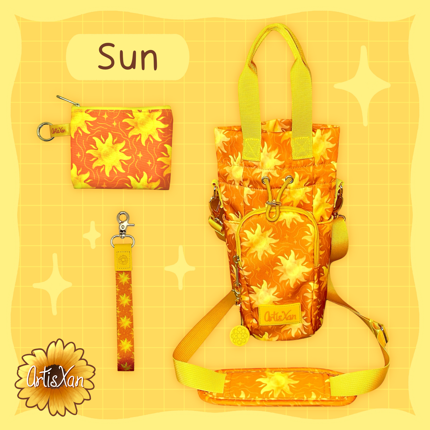 Matching Sets of Water Bottle Bags, Essentials Bags, and Lanyards