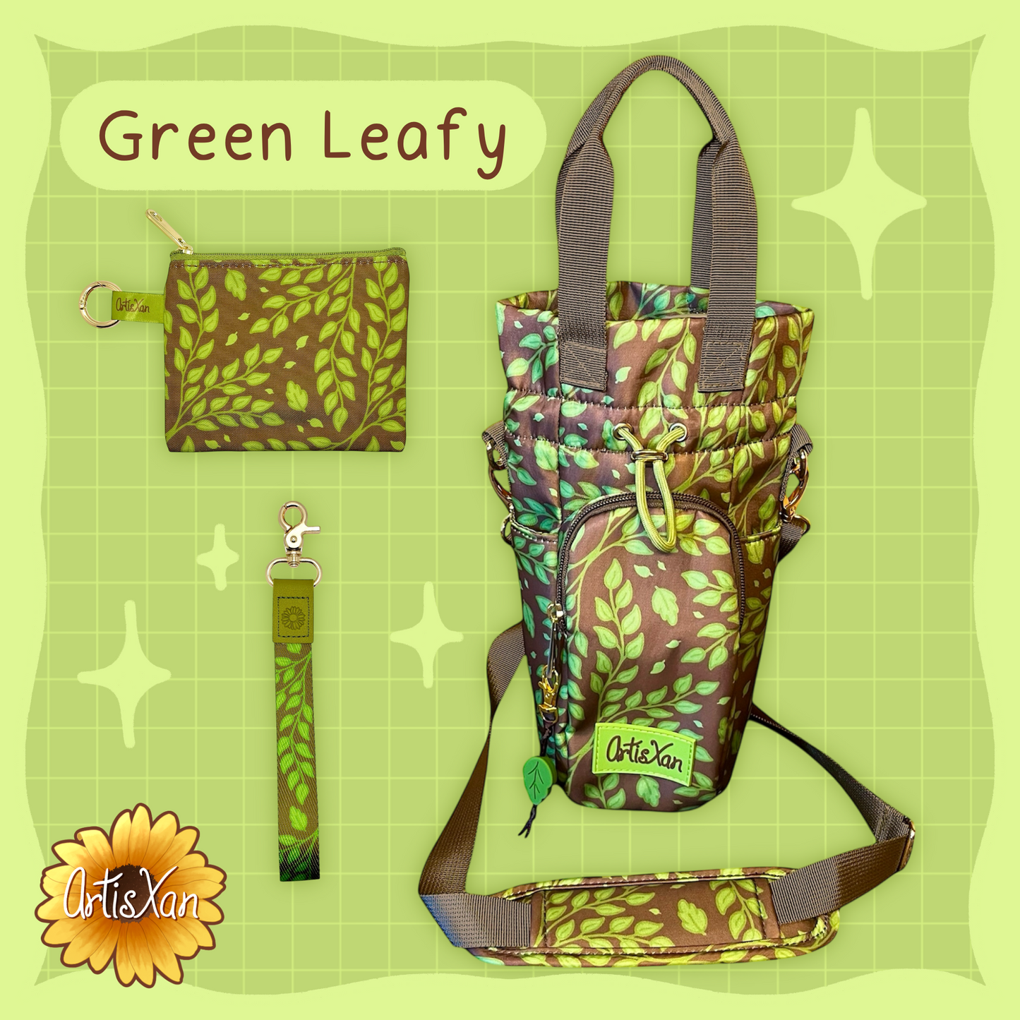 Matching Sets of Water Bottle Bags, Essentials Bags, and Lanyards