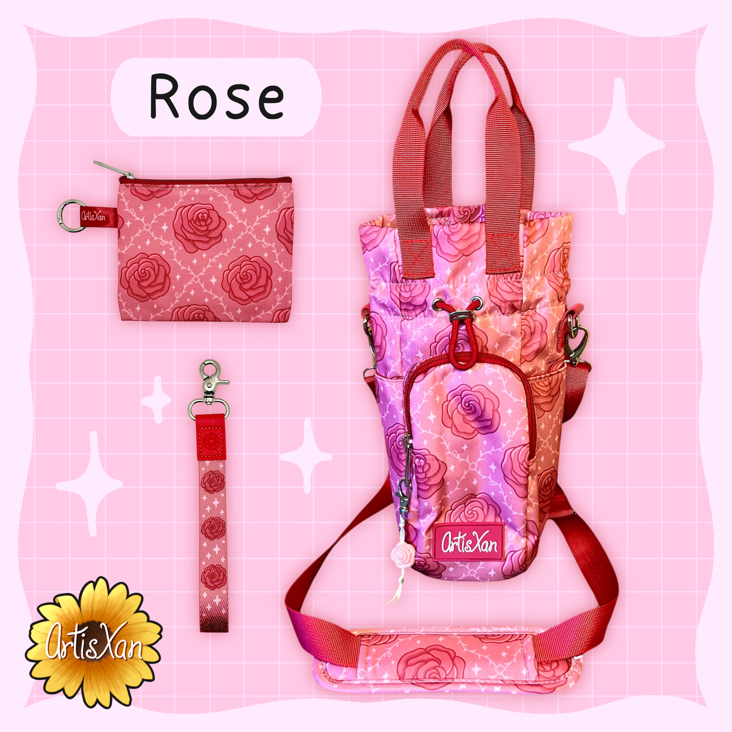 Matching Sets of Water Bottle Bags, Essentials Bags, and Lanyards