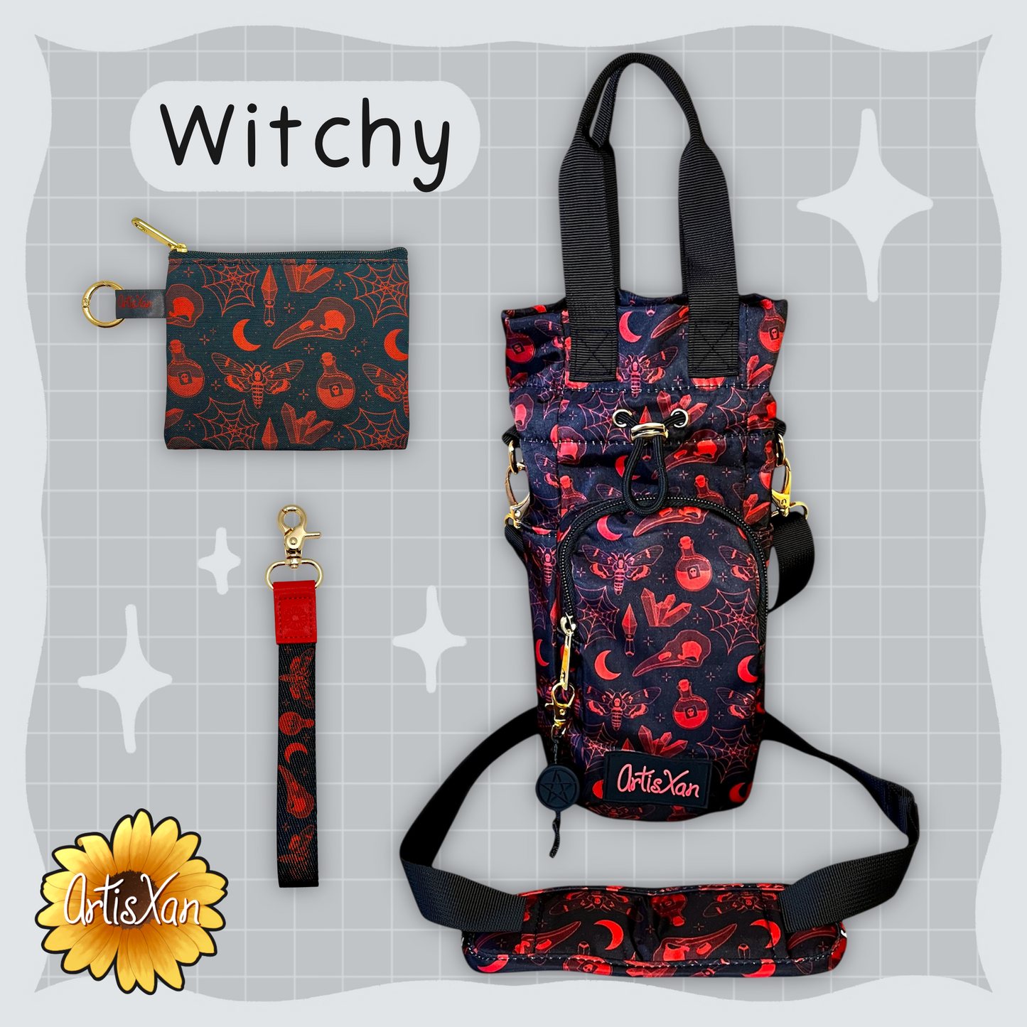 Matching Sets of Water Bottle Bags, Essentials Bags, and Lanyards