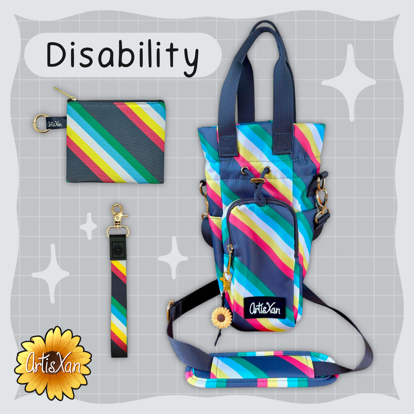 Disability Water Bottle Bag with Fidget Zipper Pull