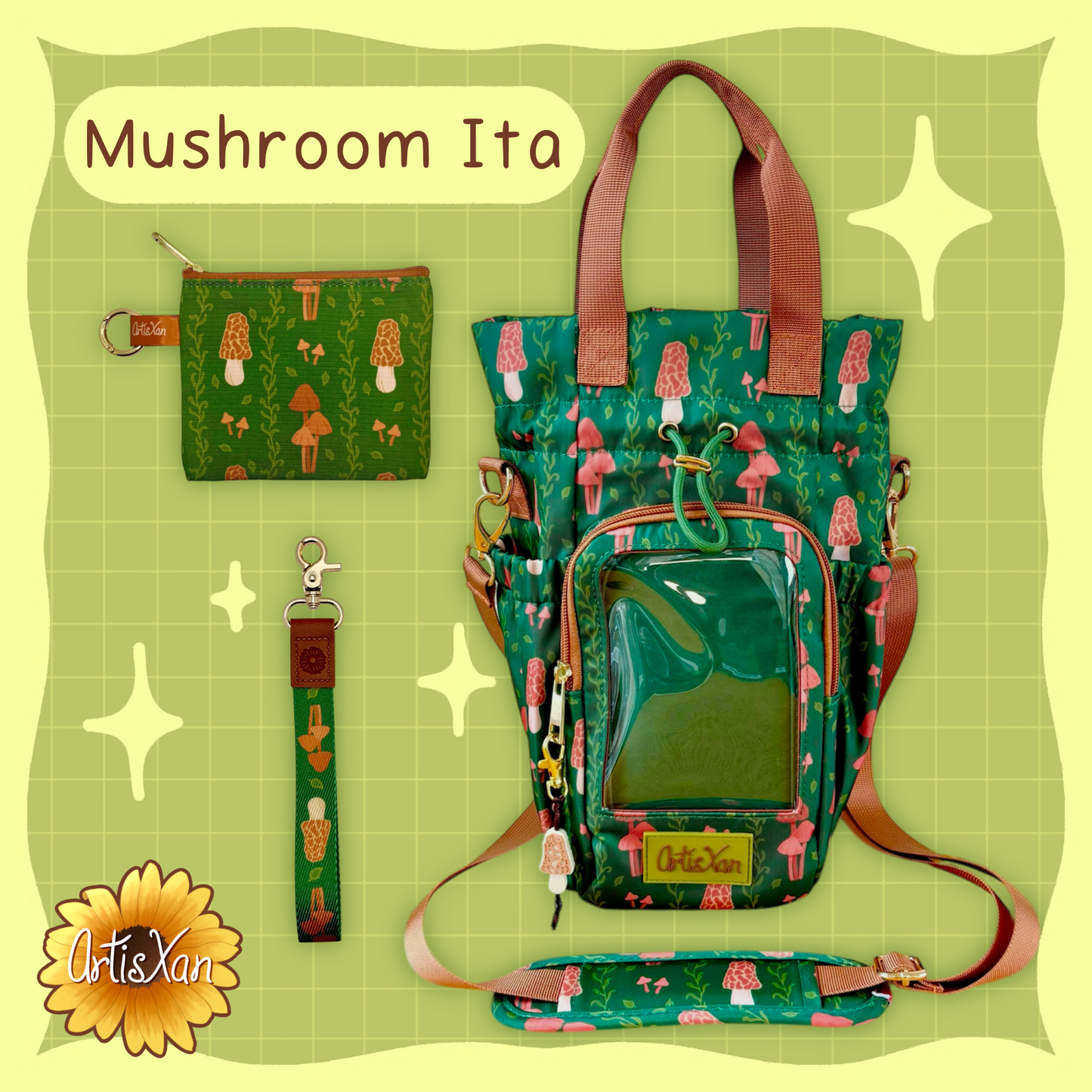 Large Mushroom Ita Water Bottle Bag with Fidget Zipper Pull
