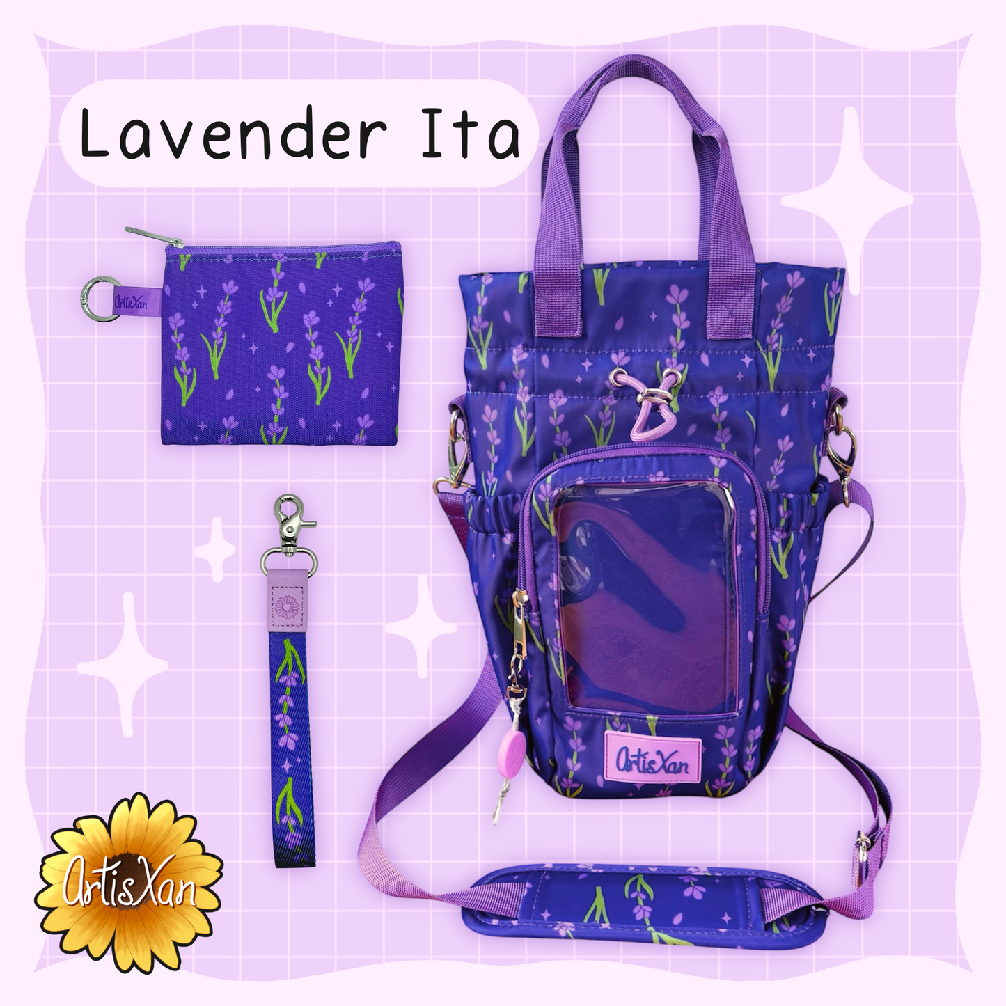 Large Lavender Ita Water Bottle Bag with Fidget Zipper Pull